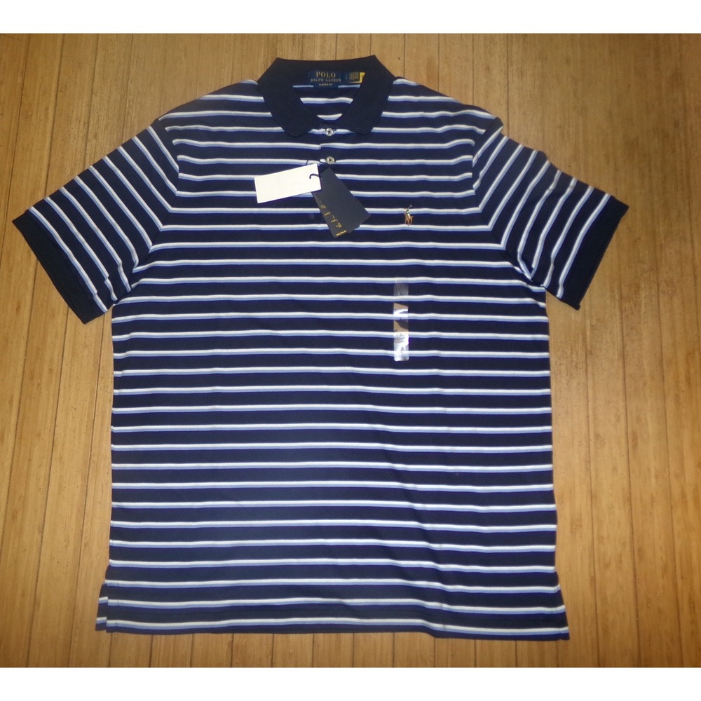 Polo Ralph Lauren Mens Classic Fit Striped Cotton Mesh Polo Shirt Navy Blue L